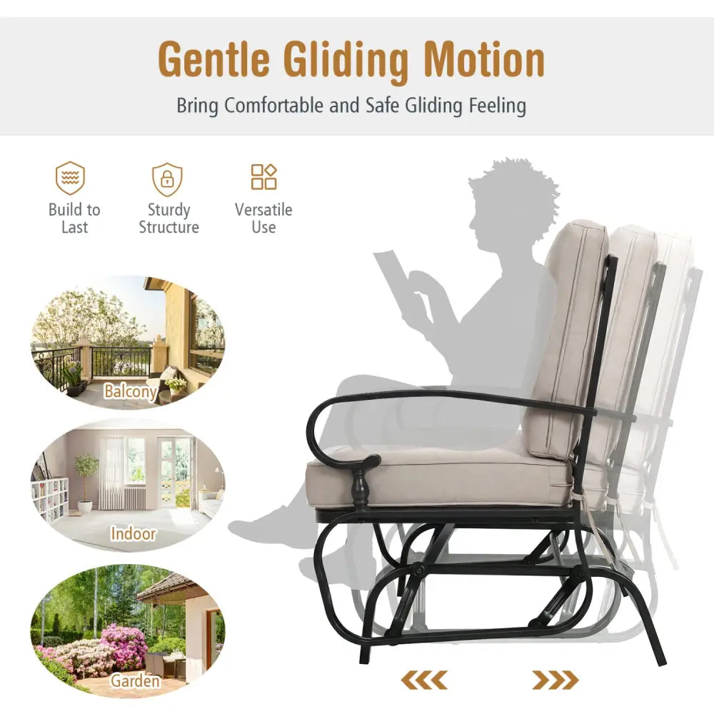 2 Seats Outdoor Swing Glider Chair with Comfortable Cushions-Beige - Beige - Patio Rocking Chairs & Gliders