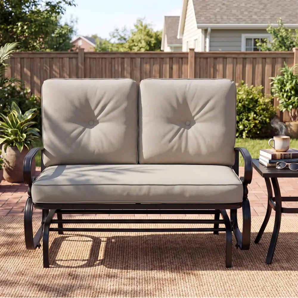 2 Seats Outdoor Swing Glider Chair with Comfortable Cushions-Beige - Beige - Patio Rocking Chairs & Gliders