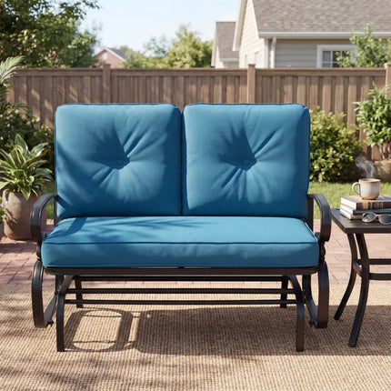 2 Seats Outdoor Swing Glider Chair with Comfortable Cushions-Blue - Blue - Patio Rocking Chairs & Gliders