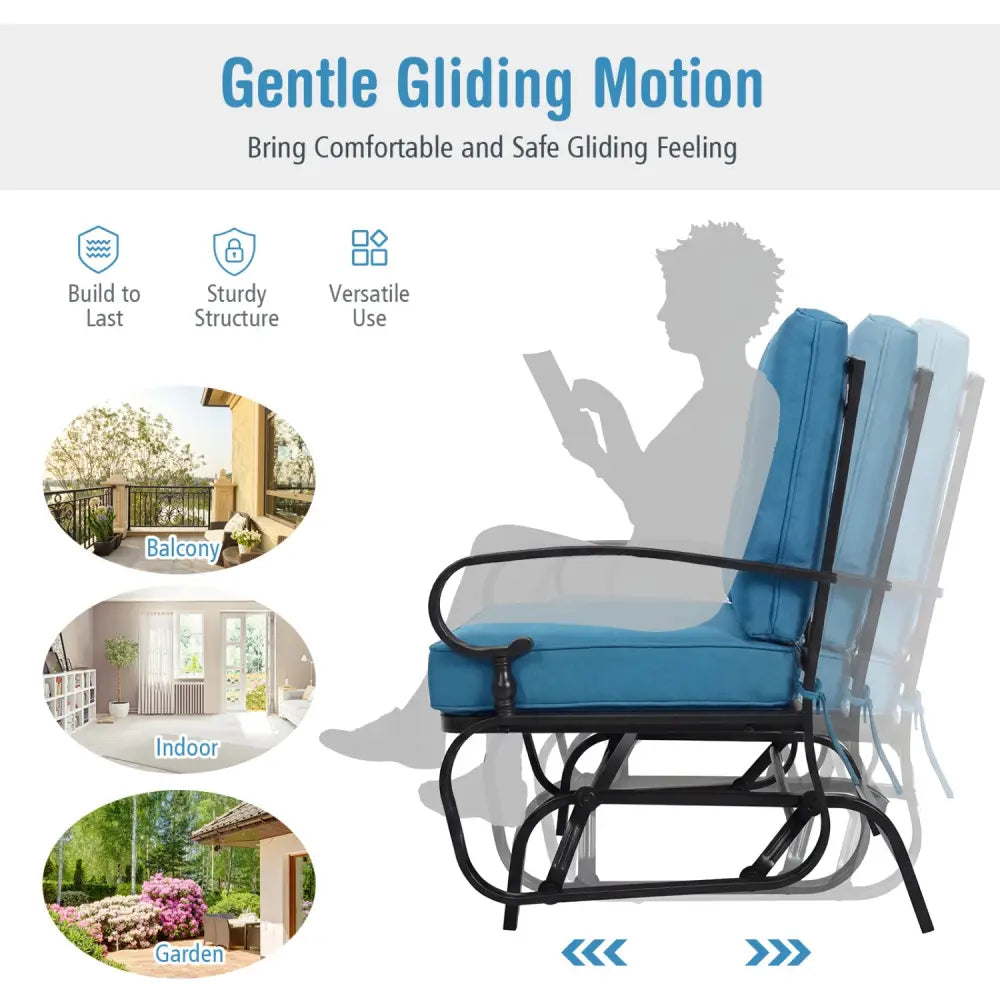2 Seats Outdoor Swing Glider Chair with Comfortable Cushions-Blue - Blue - Patio Rocking Chairs & Gliders