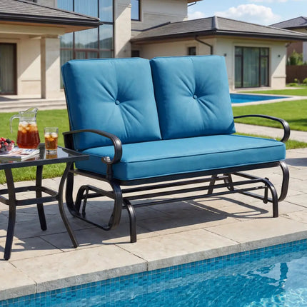 2 Seats Outdoor Swing Glider Chair with Comfortable Cushions-Blue - Blue - Patio Rocking Chairs & Gliders