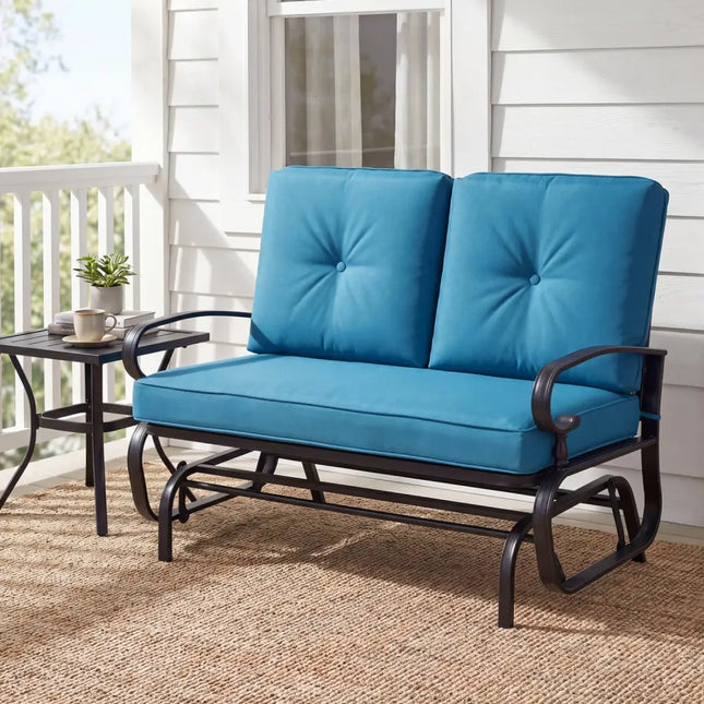 2 Seats Outdoor Swing Glider Chair with Comfortable Cushions-Blue - Blue - Patio Rocking Chairs & Gliders