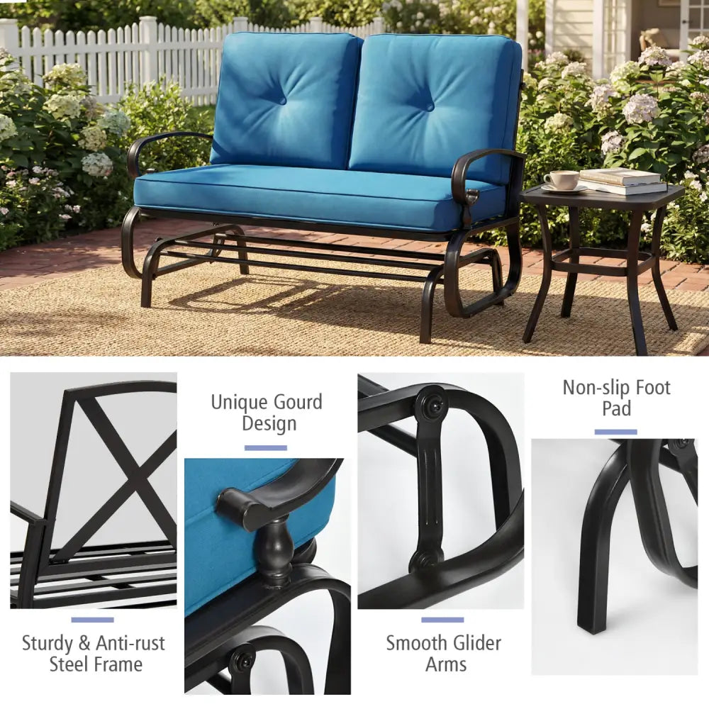 2 Seats Outdoor Swing Glider Chair with Comfortable Cushions-Blue - Blue - Patio Rocking Chairs & Gliders