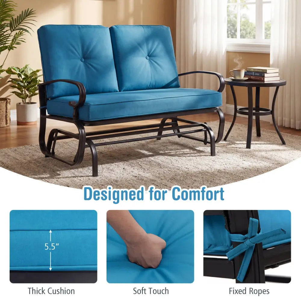 2 Seats Outdoor Swing Glider Chair with Comfortable Cushions-Blue - Blue - Patio Rocking Chairs & Gliders