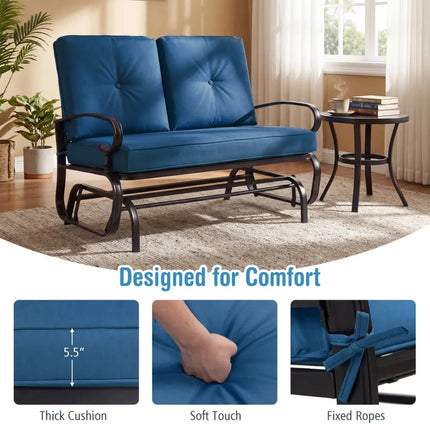 2 Seats Outdoor Swing Glider Chair with Comfortable Cushions-Navy - Navy - Patio Rocking Chairs & Gliders