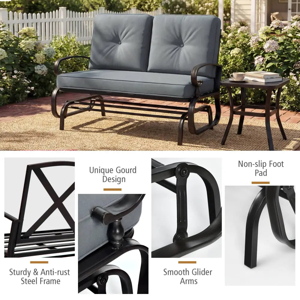 2 Seats Outdoor Swing Glider Chair with Removable Cushions-Gray - Gray - Patio Rocking Chairs & Gliders