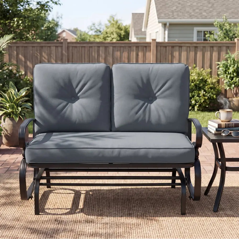 2 Seats Outdoor Swing Glider Chair with Removable Cushions-Gray - Gray - Patio Rocking Chairs & Gliders
