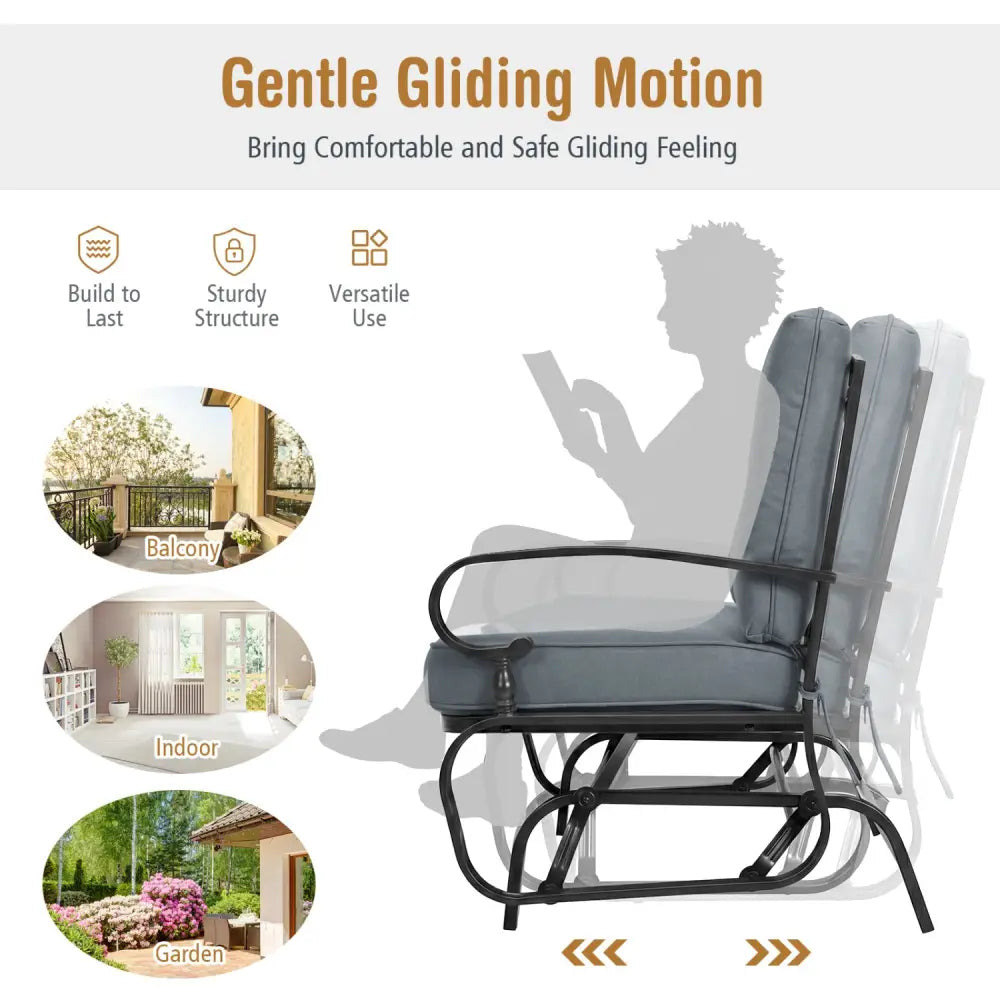 2 Seats Outdoor Swing Glider Chair with Removable Cushions-Gray - Gray - Patio Rocking Chairs & Gliders