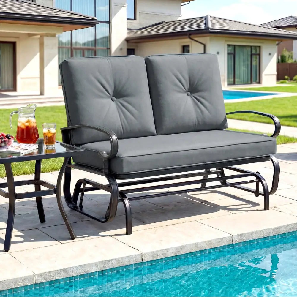 2 Seats Outdoor Swing Glider Chair with Removable Cushions-Gray - Gray - Patio Rocking Chairs & Gliders