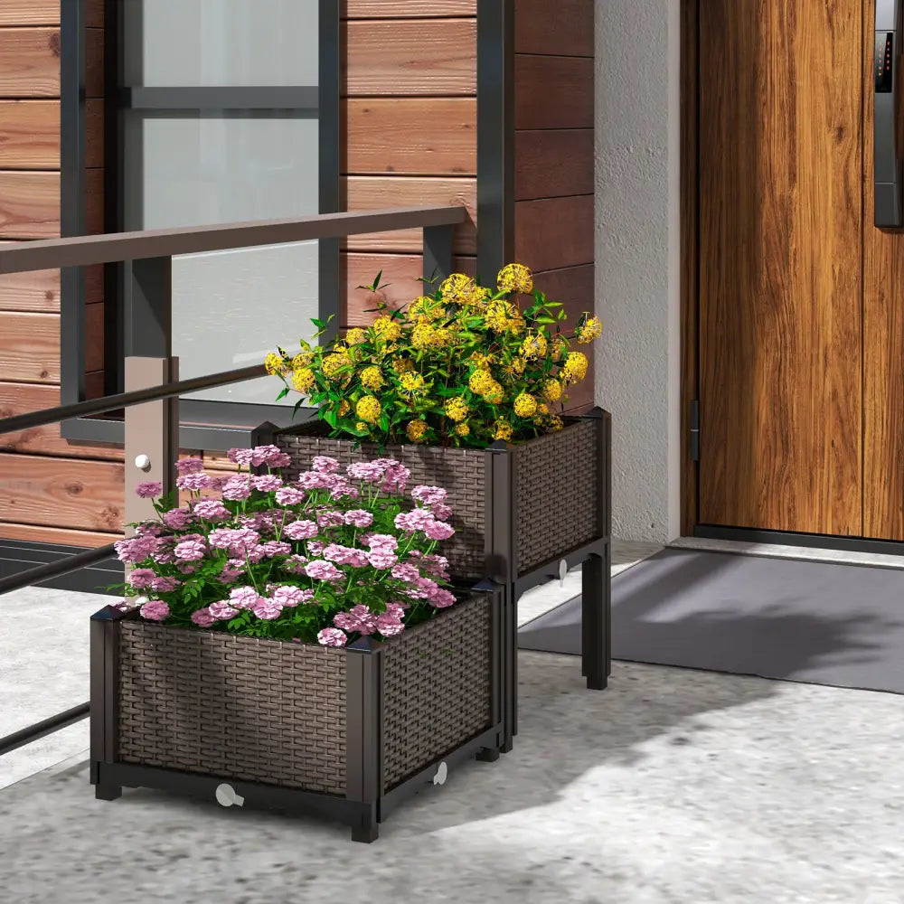 2 Set Elevated Plastic Raised Garden Bed Planter Kit for Flower Vegetable Grow-Brown - Brown - Raised Garden Beds