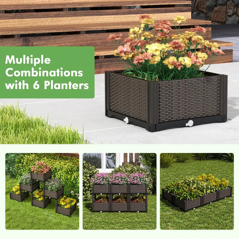 2 Set Elevated Plastic Raised Garden Bed Planter Kit for Flower Vegetable Grow-Brown - Brown - Raised Garden Beds