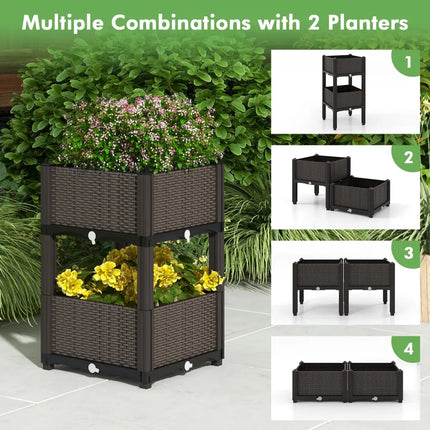 2 Set Elevated Plastic Raised Garden Bed Planter Kit for Flower Vegetable Grow-Brown - Brown - Raised Garden Beds