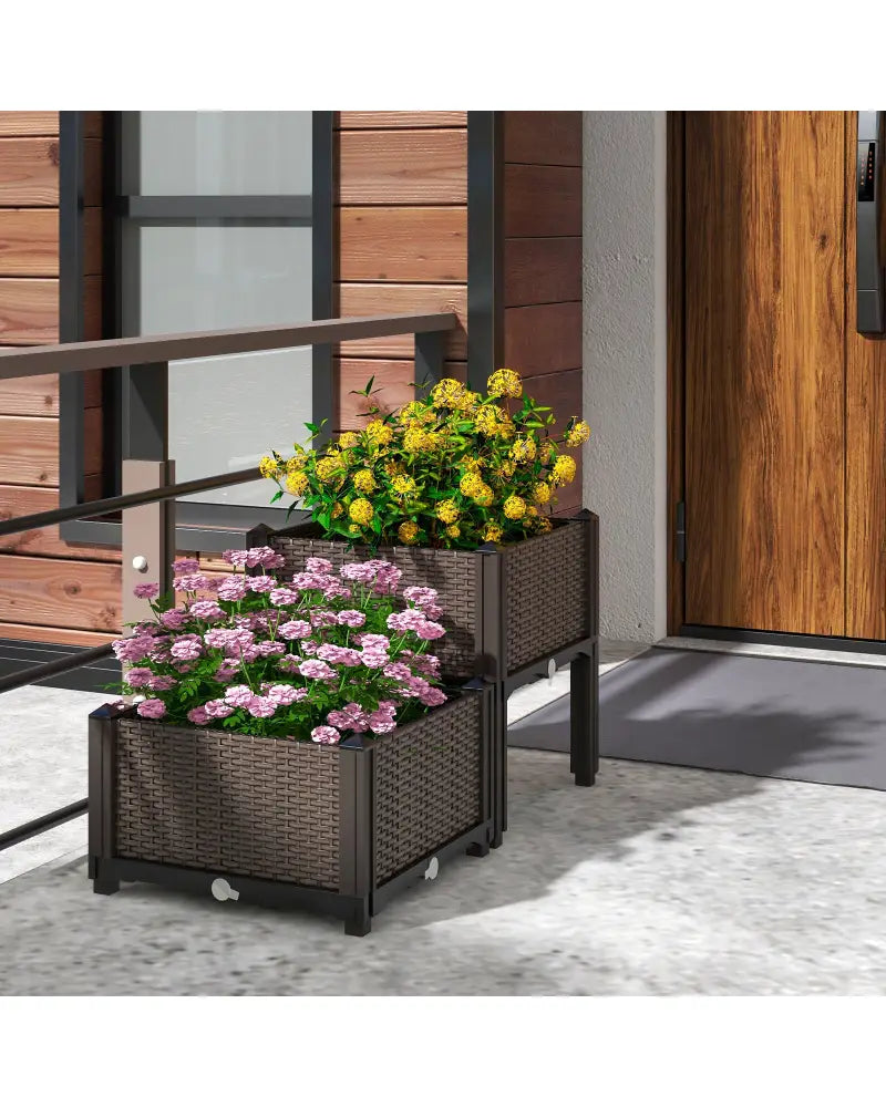2 Set Elevated Plastic Raised Garden Bed Planter Kit for Flower Vegetable Grow-Brown - Brown - Raised Garden Beds