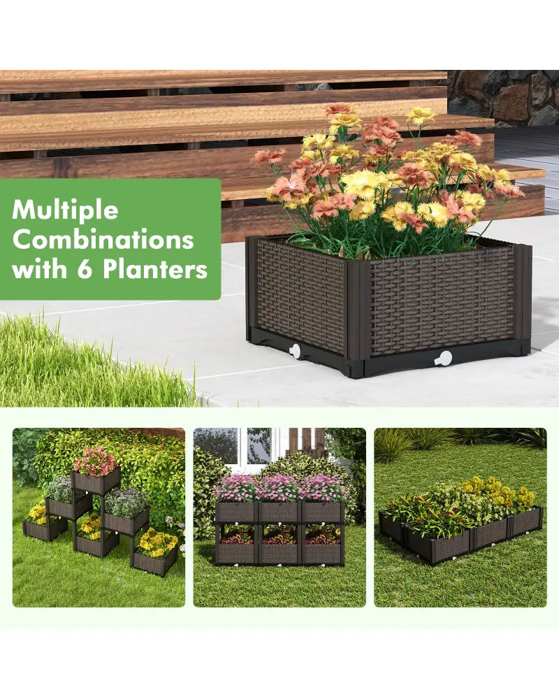 2 Set Elevated Plastic Raised Garden Bed Planter Kit for Flower Vegetable Grow-Brown - Brown - Raised Garden Beds