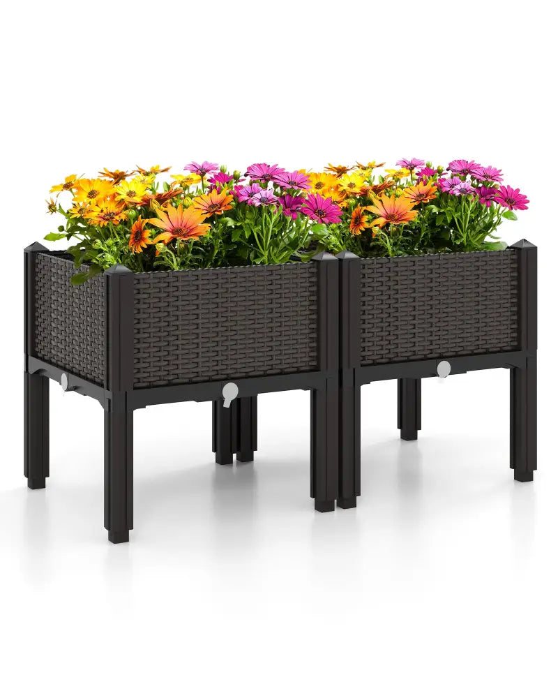 2 Set Elevated Plastic Raised Garden Bed Planter Kit for Flower Vegetable Grow-Brown - Brown - Raised Garden Beds