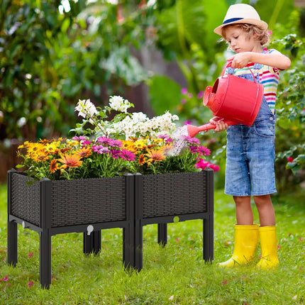 2 Set Elevated Plastic Raised Garden Bed Planter Kit for Flower Vegetable Grow-Brown - Brown - Raised Garden Beds