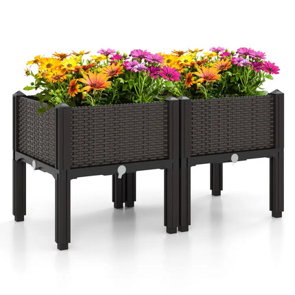 2 Set Elevated Plastic Raised Garden Bed Planter Kit for Flower Vegetable Grow-Brown - Brown - Raised Garden Beds