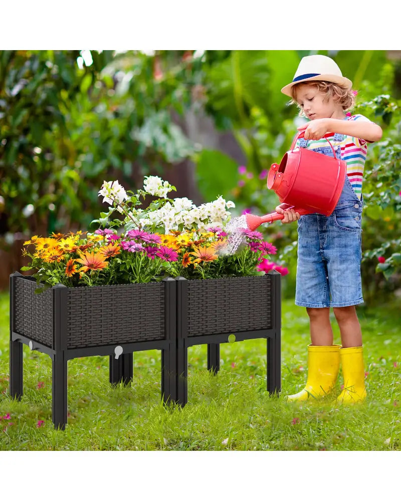 2 Set Elevated Plastic Raised Garden Bed Planter Kit for Flower Vegetable Grow-Brown - Brown - Raised Garden Beds