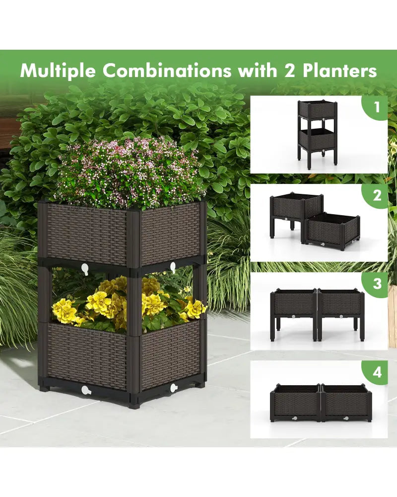 2 Set Elevated Plastic Raised Garden Bed Planter Kit for Flower Vegetable Grow-Brown - Brown - Raised Garden Beds