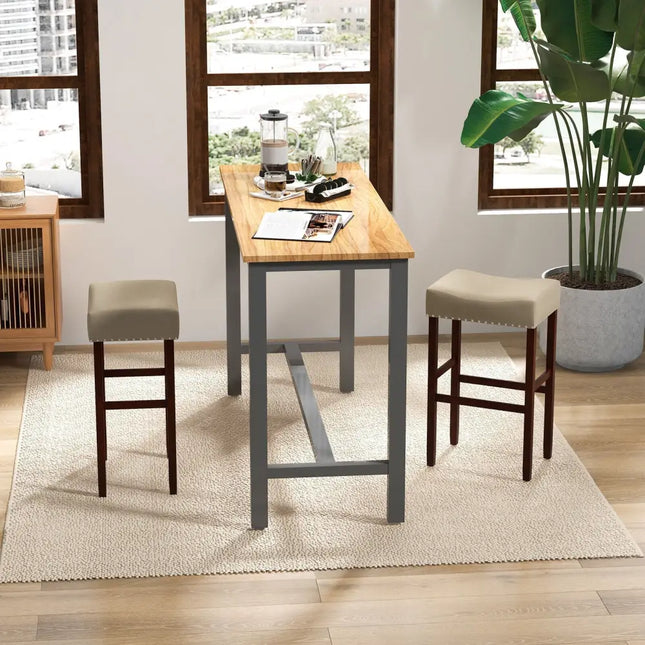 2 Set of 29 Inch Height Upholstered Bar Stool with Solid Rubber Wood Legs and Footrest-Beige Costway