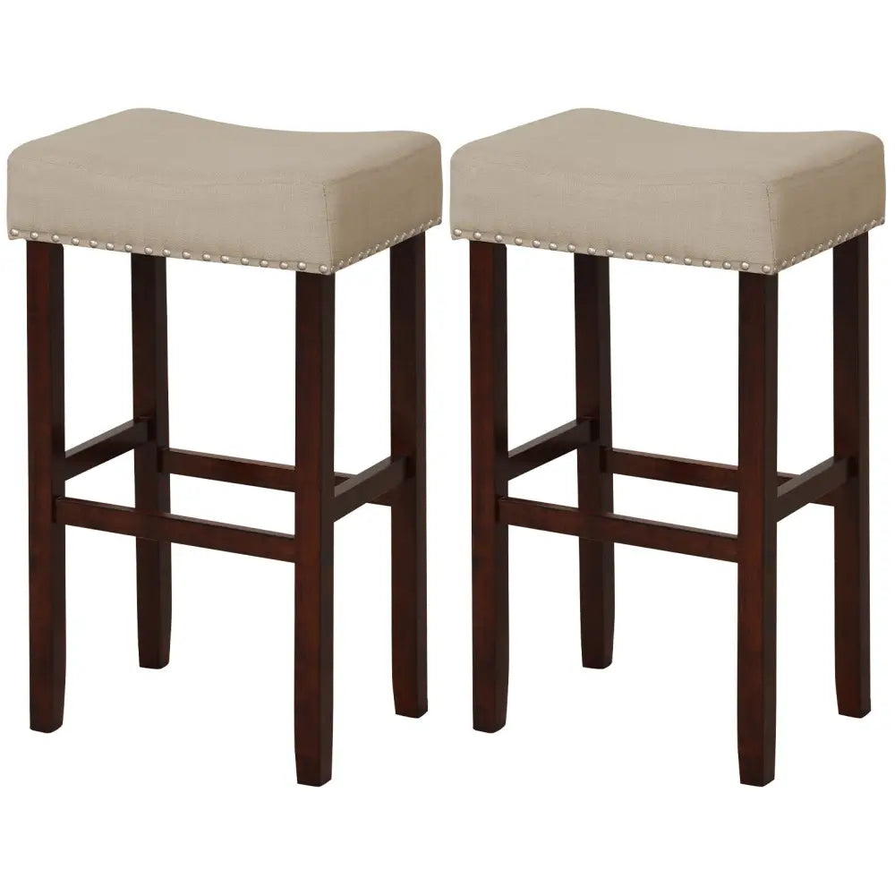 2 Set of 29 Inch Height Upholstered Bar Stool with Solid Rubber Wood Legs and Footrest-Beige Costway