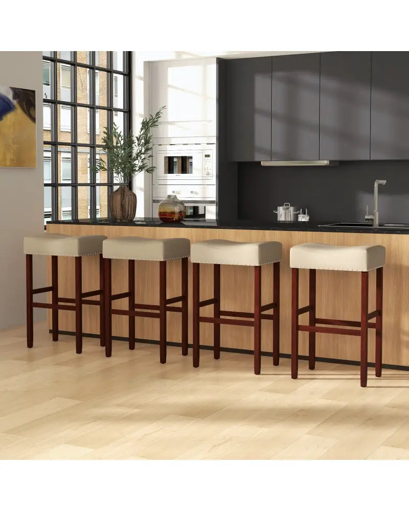 2 Set of 29 Inch Height Upholstered Bar Stool with Solid Rubber Wood Legs and Footrest-Beige - Beige - Bar Stools