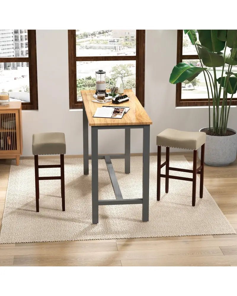 2 Set of 29 Inch Height Upholstered Bar Stool with Solid Rubber Wood Legs and Footrest-Beige - Beige - Bar Stools