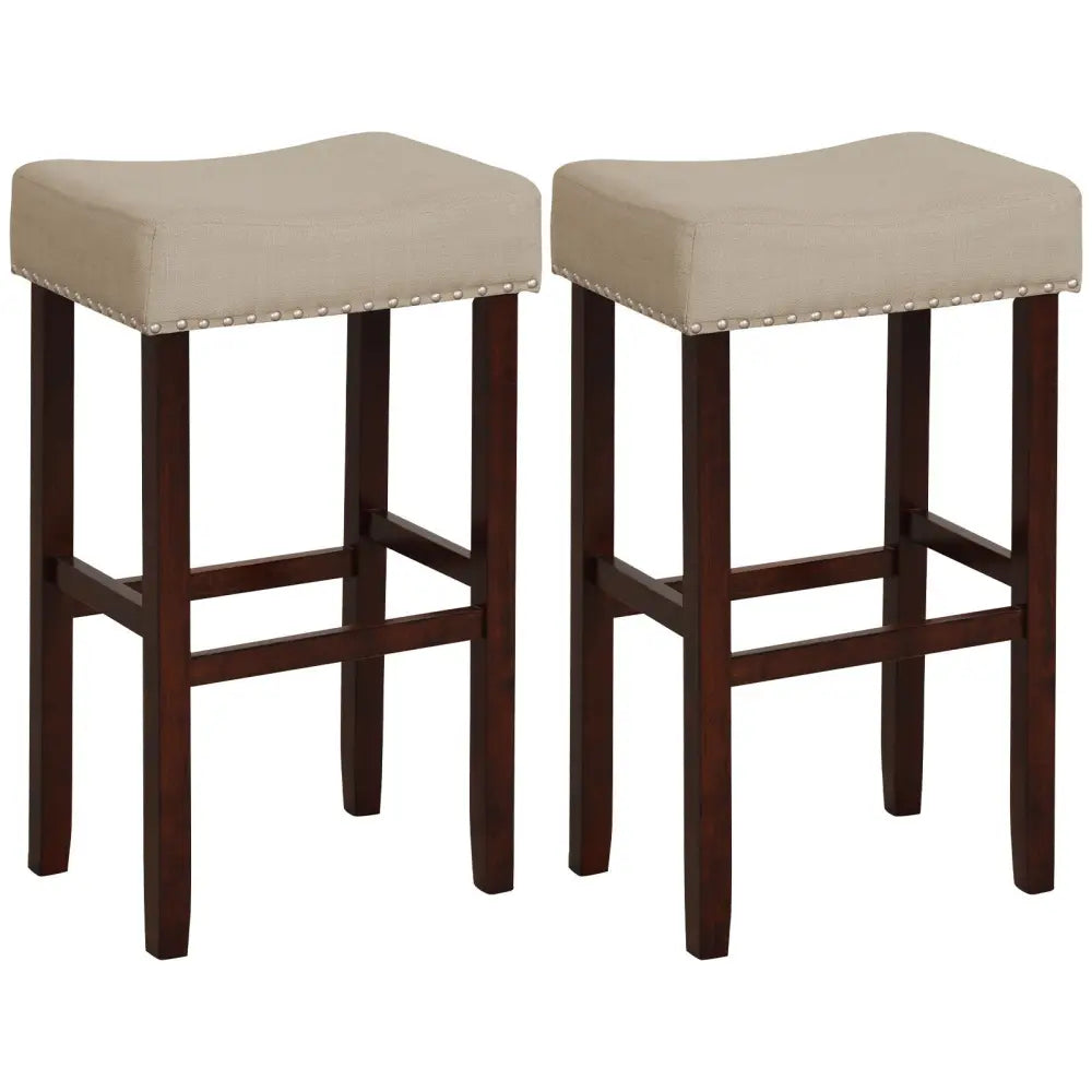 2 Set of 29 Inch Height Upholstered Bar Stool with Solid Rubber Wood Legs and Footrest-Beige Costway