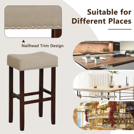 2 Set of 29 Inch Height Upholstered Bar Stool with Solid Rubber Wood Legs and Footrest-Beige Costway