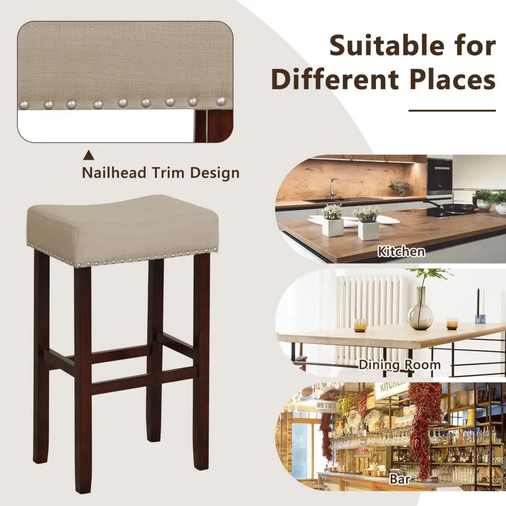 2 Set of 29 Inch Height Upholstered Bar Stool with Solid Rubber Wood Legs and Footrest-Beige Costway