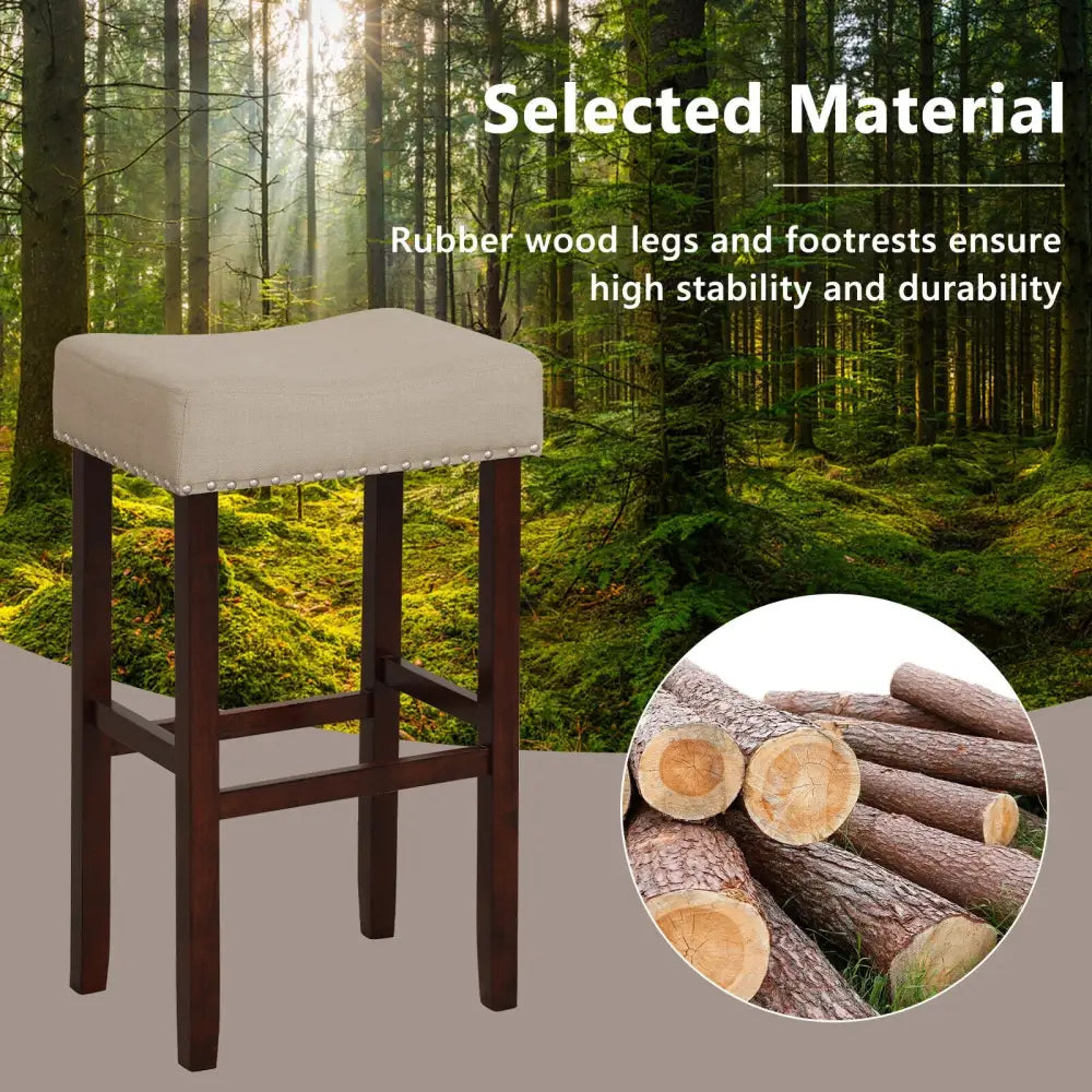 2 Set of 29 Inch Height Upholstered Bar Stool with Solid Rubber Wood Legs and Footrest-Beige - Beige - Bar Stools