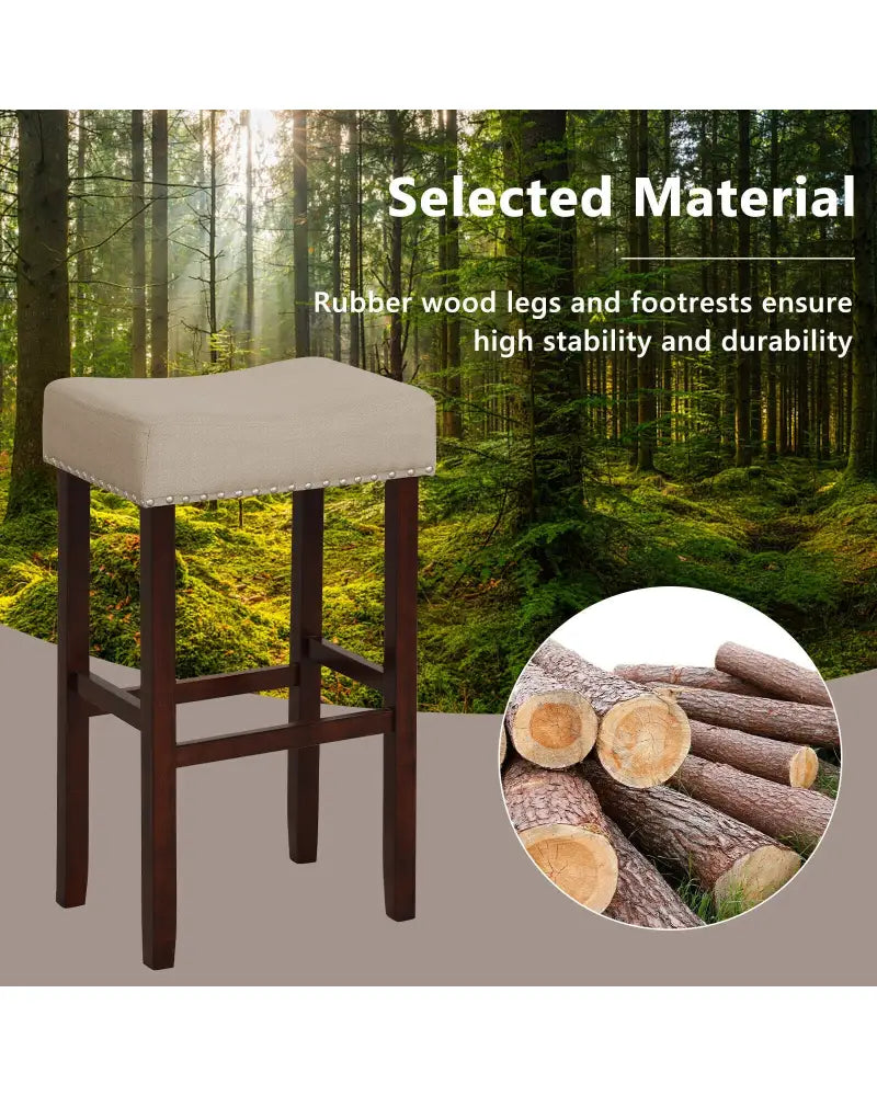 2 Set of 29 Inch Height Upholstered Bar Stool with Solid Rubber Wood Legs and Footrest-Beige - Beige - Bar Stools
