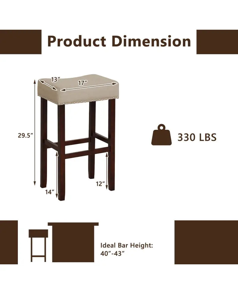 2 Set of 29 Inch Height Upholstered Bar Stool with Solid Rubber Wood Legs and Footrest-Beige - Beige - Bar Stools