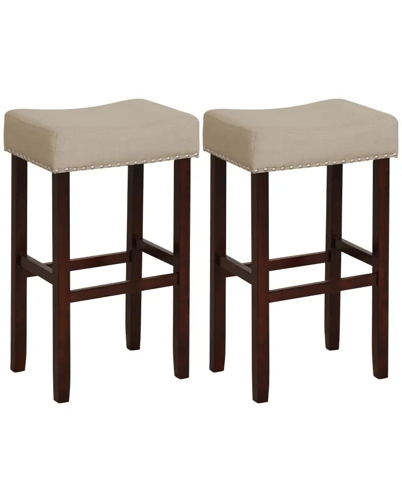 2 Set of 29 Inch Height Upholstered Bar Stool with Solid Rubber Wood Legs and Footrest-Beige - Beige - Bar Stools