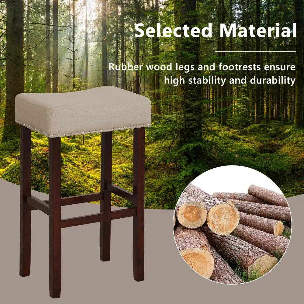 2 Set of 29 Inch Height Upholstered Bar Stool with Solid Rubber Wood Legs and Footrest-Beige Costway