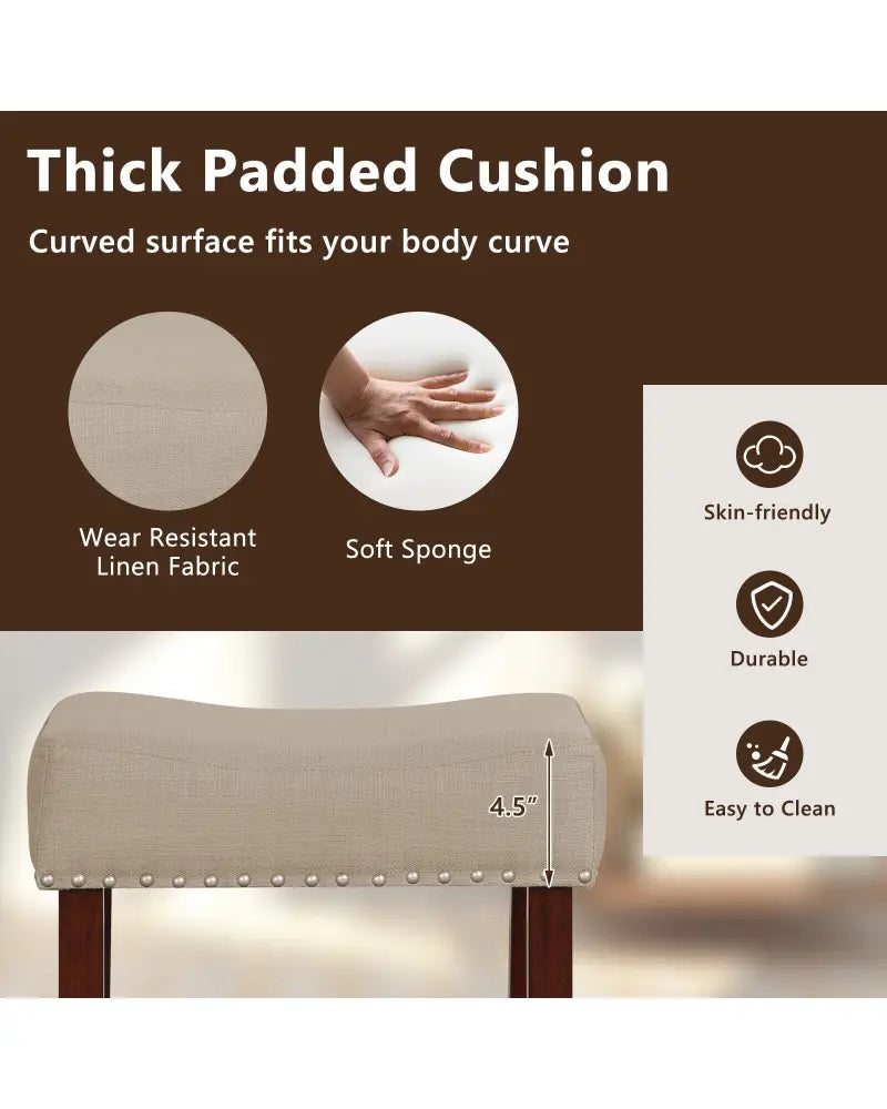 2 Set of 29 Inch Height Upholstered Bar Stool with Solid Rubber Wood Legs and Footrest-Beige - Beige - Bar Stools