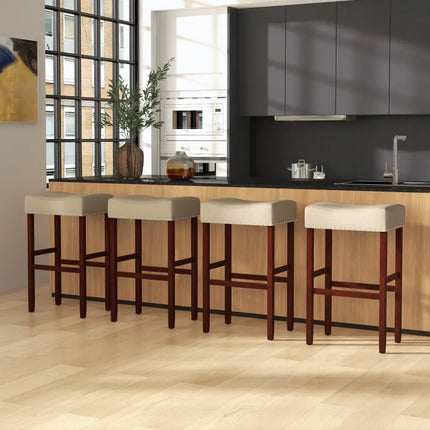 2 Set of 29 Inch Height Upholstered Bar Stool with Solid Rubber Wood Legs and Footrest-Beige Costway