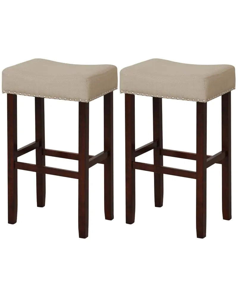 2 Set of 29 Inch Height Upholstered Bar Stool with Solid Rubber Wood Legs and Footrest-Beige - Beige - Bar Stools
