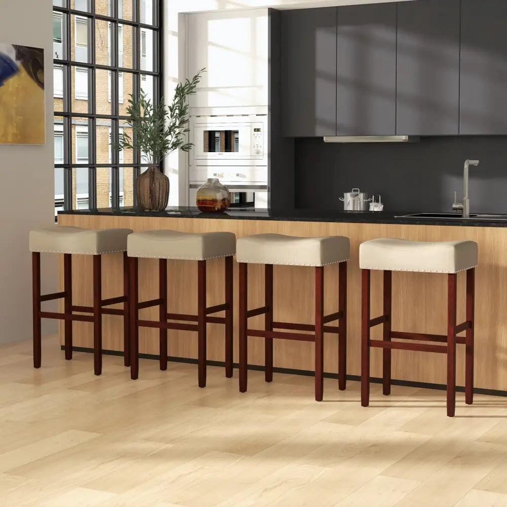 2 Set of 29 Inch Height Upholstered Bar Stool with Solid Rubber Wood Legs and Footrest-Beige Costway