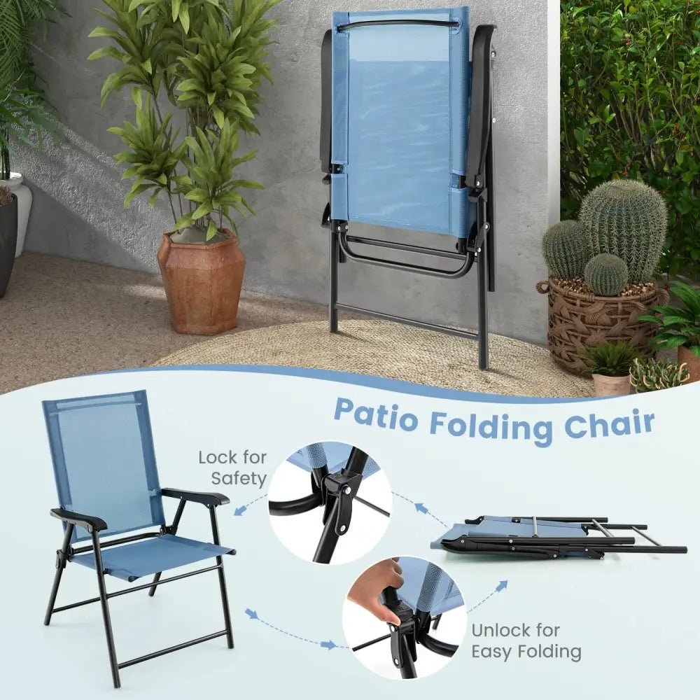 2 Set of Patio Dining Chair with Armrests and Metal Frame-Blue - Blue - Patio Dining Chairs