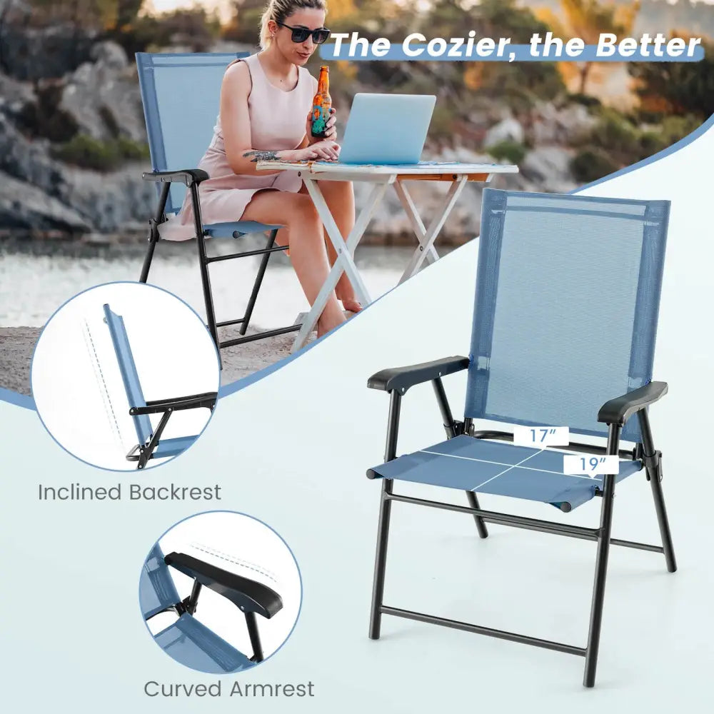 2 Set of Patio Dining Chair with Armrests and Metal Frame-Blue - Blue - Patio Dining Chairs