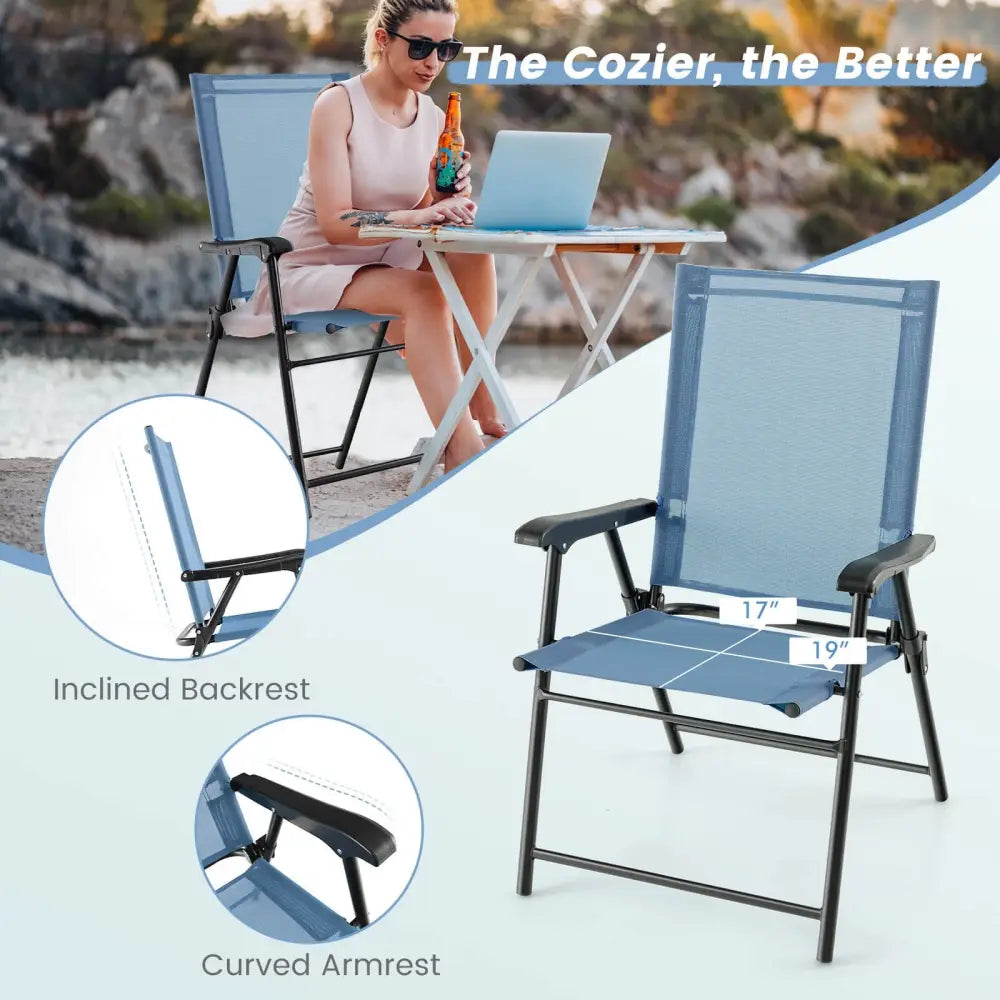2 Set of Patio Dining Chair with Armrests and Metal Frame-Blue - Blue - Patio Dining Chairs