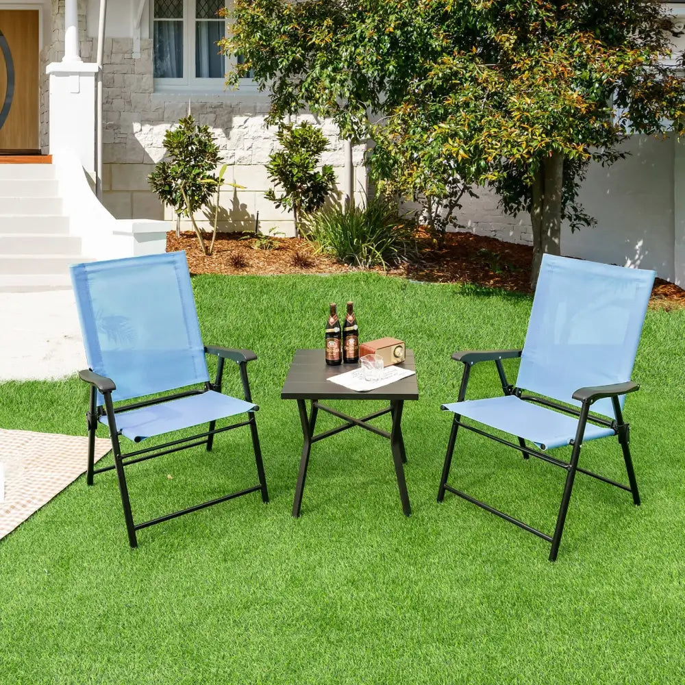 2 Set of Patio Dining Chair with Armrests and Metal Frame-Blue - Blue - Patio Dining Chairs