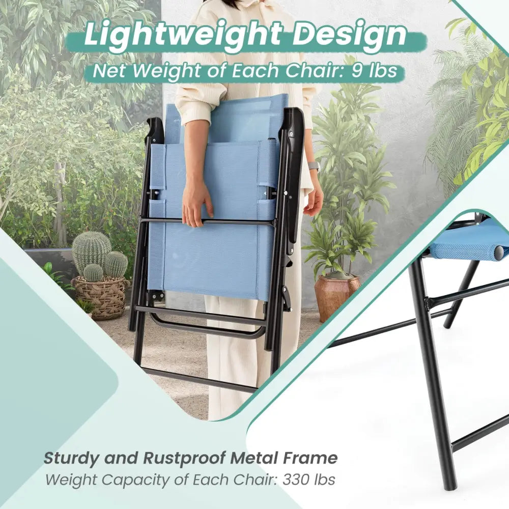 2 Set of Patio Dining Chair with Armrests and Metal Frame-Blue - Blue - Patio Dining Chairs