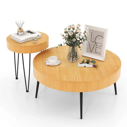 2 Set of Wooden Coffee Table with Metal Legs and Adjustable Foot Pads-Radial Pattern Costway
