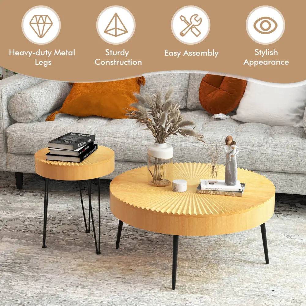 2 Set of Wooden Coffee Table with Metal Legs and Adjustable Foot Pads-Radial Pattern Costway