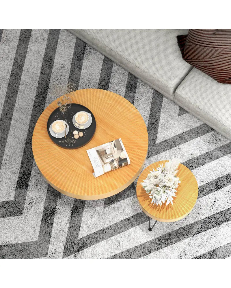 2 Set of Wooden Coffee Table with Metal Legs and Adjustable Foot Pads-Radial Pattern - Natural - Coffee Tables