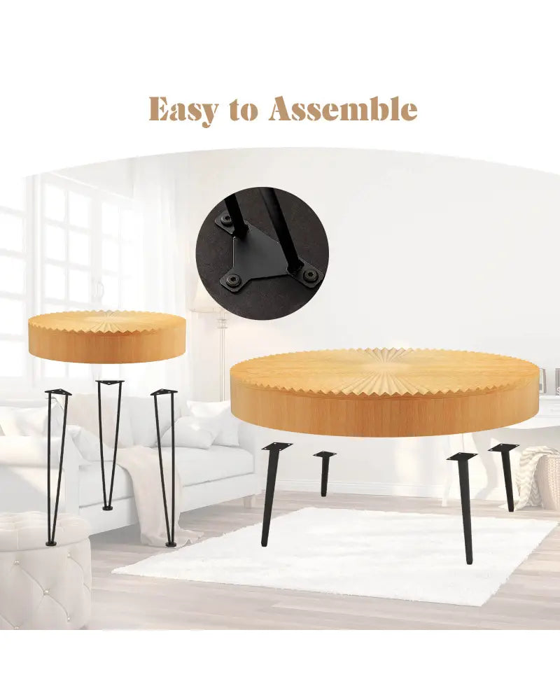 2 Set of Wooden Coffee Table with Metal Legs and Adjustable Foot Pads-Radial Pattern - Natural - Coffee Tables