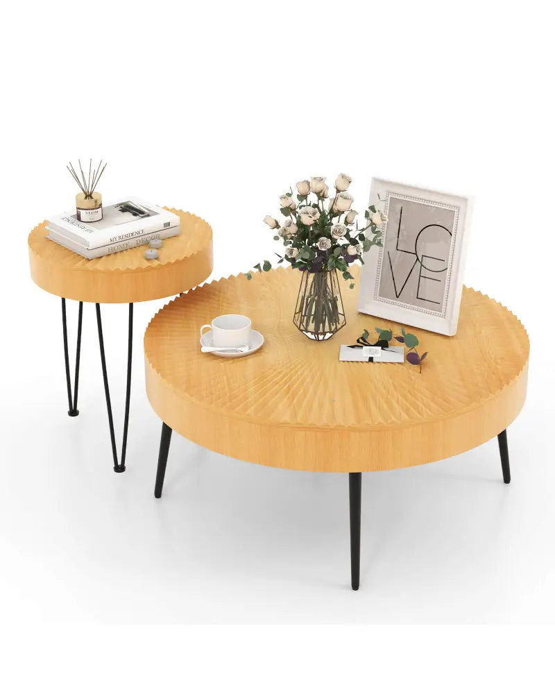 2 Set of Wooden Coffee Table with Metal Legs and Adjustable Foot Pads-Radial Pattern - Natural - Coffee Tables