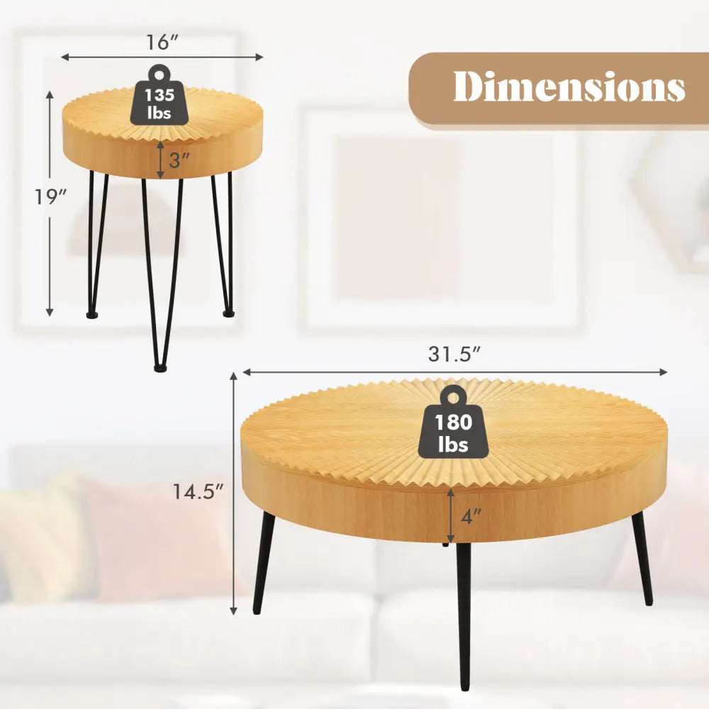 2 Set of Wooden Coffee Table with Metal Legs and Adjustable Foot Pads-Radial Pattern Costway